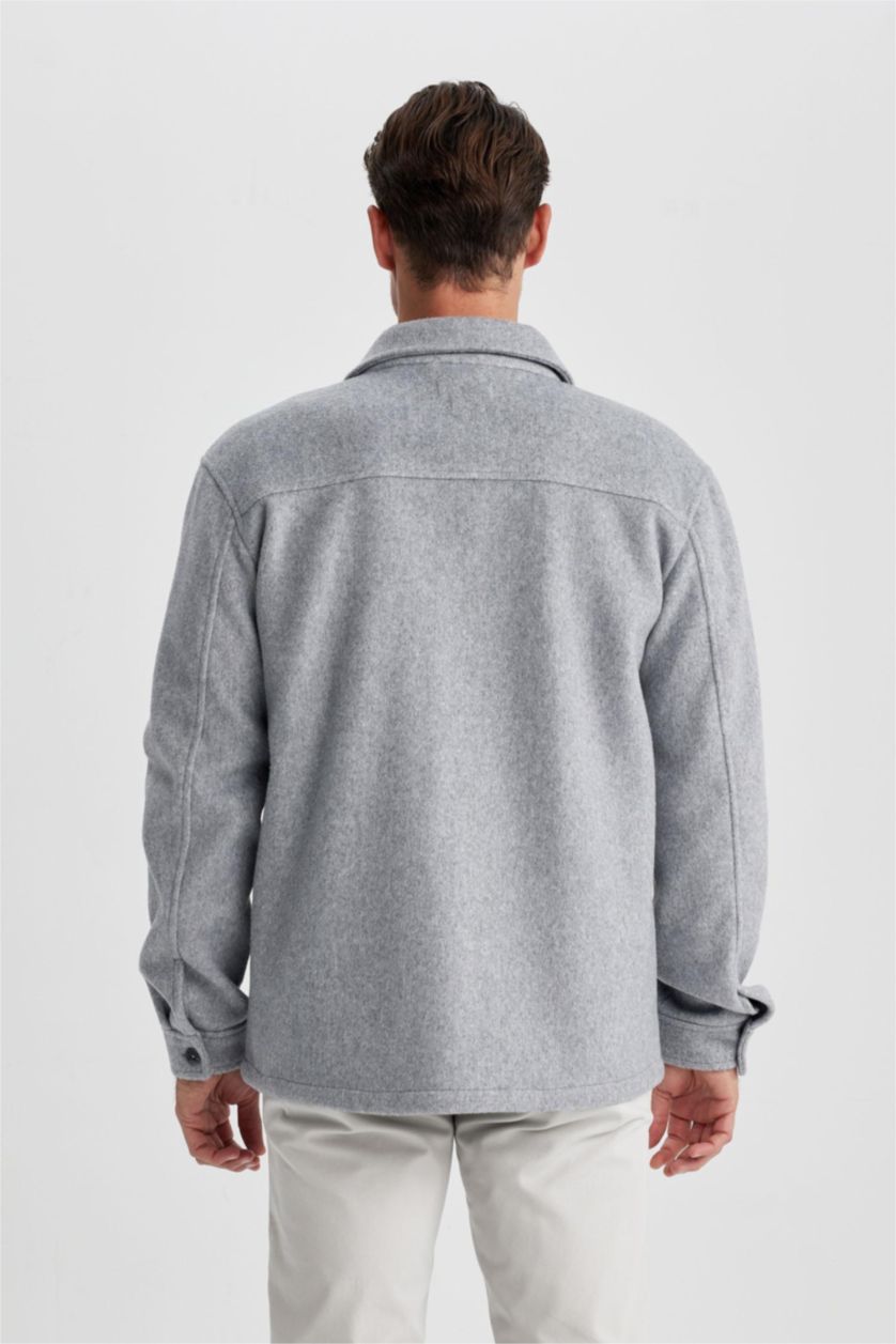 رجالي ميلانج رمادي جاكيت قميصي مظهر صوفي قصة مريحة بياقة بولو بجيب