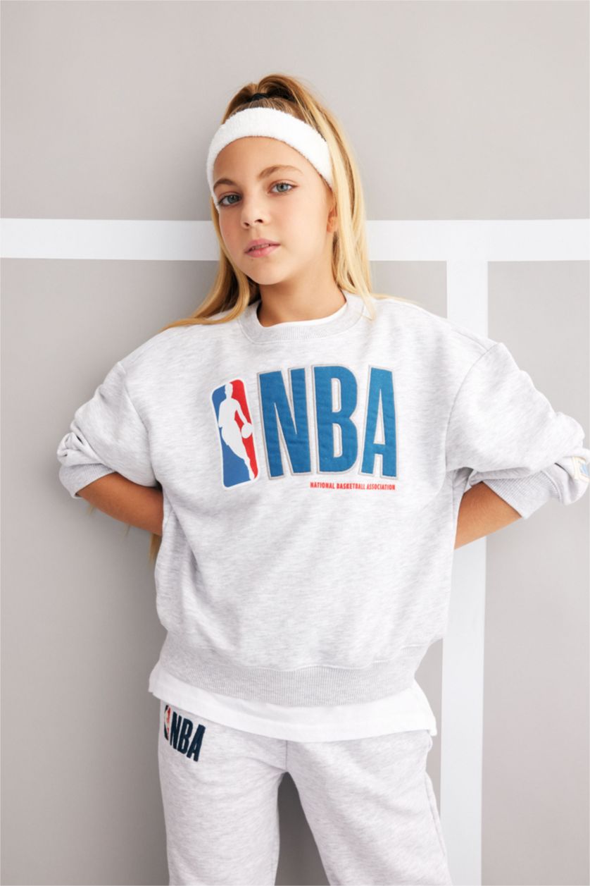FILLES Gris Sweat- Shirt Coupe Relaxant Col Rond Imprimé Nba Wordmark
