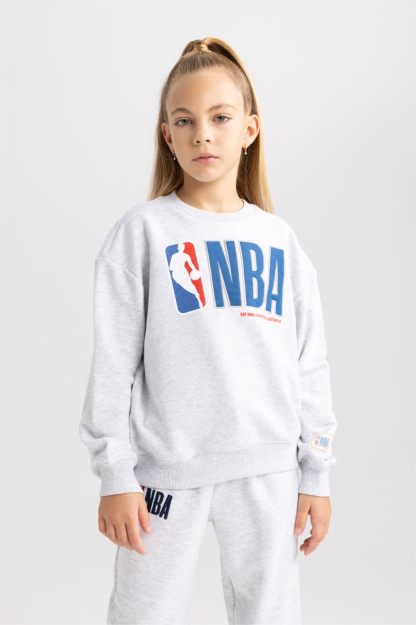 FILLES Gris Sweat- Shirt Coupe Relaxant Col Rond Imprimé Nba Wordmark