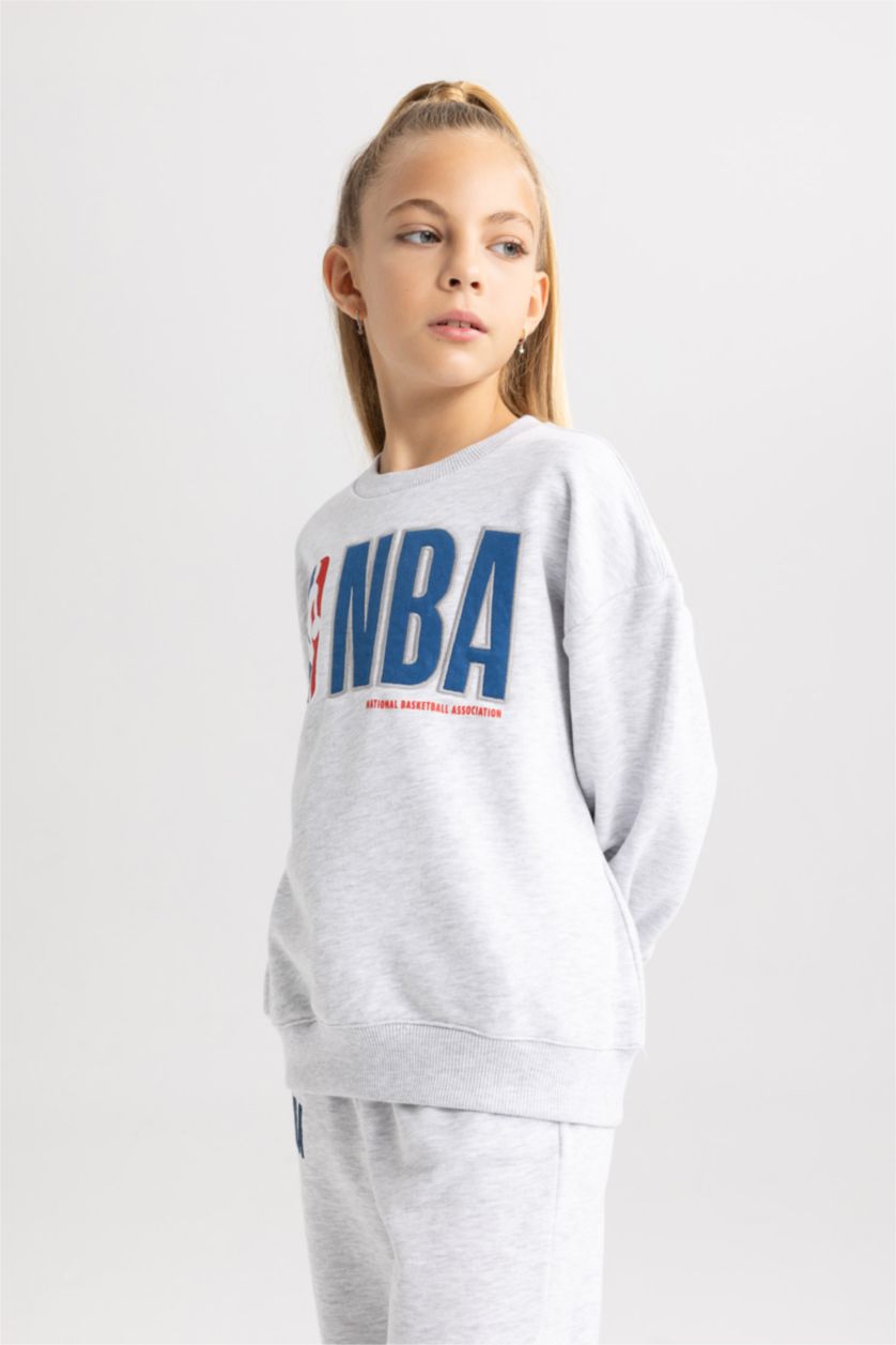 FILLES Gris Sweat- Shirt Coupe Relaxant Col Rond Imprimé Nba Wordmark