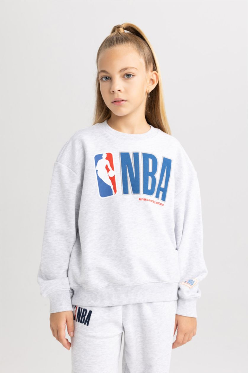 FILLES Gris Sweat- Shirt Coupe Relaxant Col Rond Imprimé Nba Wordmark