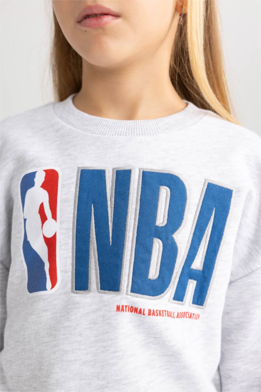 FILLES Gris Sweat- Shirt Coupe Relaxant Col Rond Imprimé Nba Wordmark