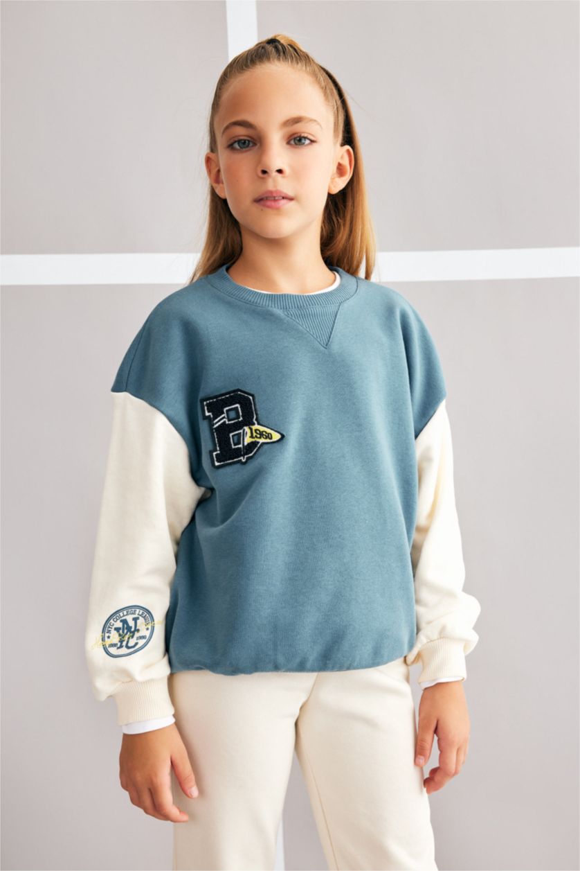 GIRLS & TEENS Blue Girl Crew Neck Printed Thick Sweatshirt