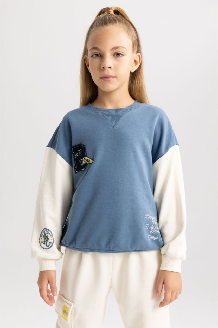 GIRLS & TEENS Blue Girl Crew Neck Printed Thick Sweatshirt