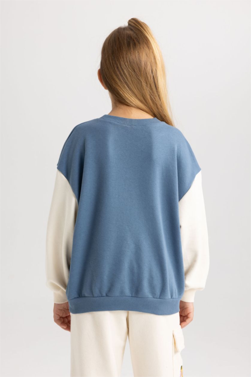 GIRLS & TEENS Blue Girl Crew Neck Printed Thick Sweatshirt