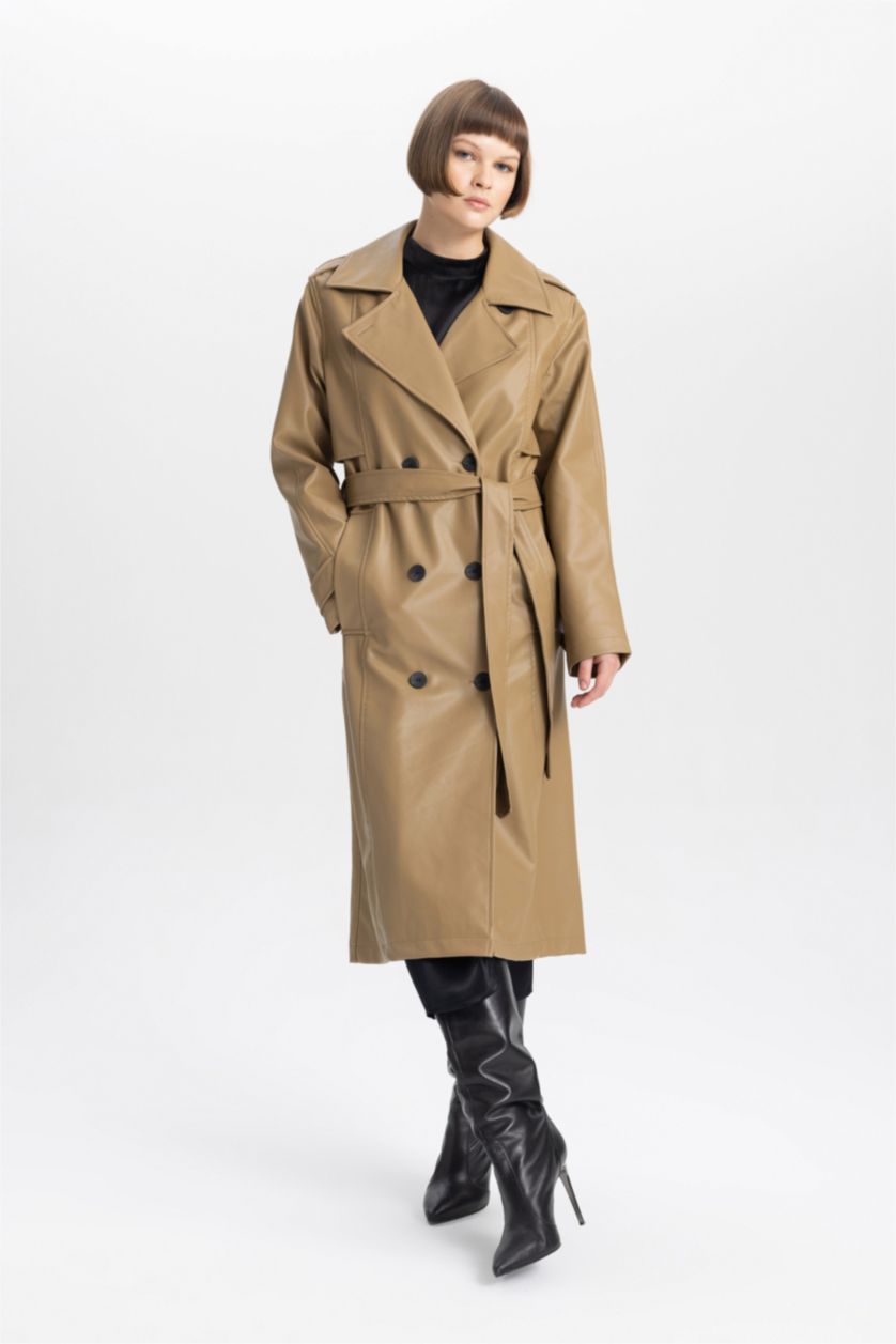 Kadın Camel Su İtici Suni Deri Trençkot Kruvaze Yaka Düğmeli Kemerli Cepli