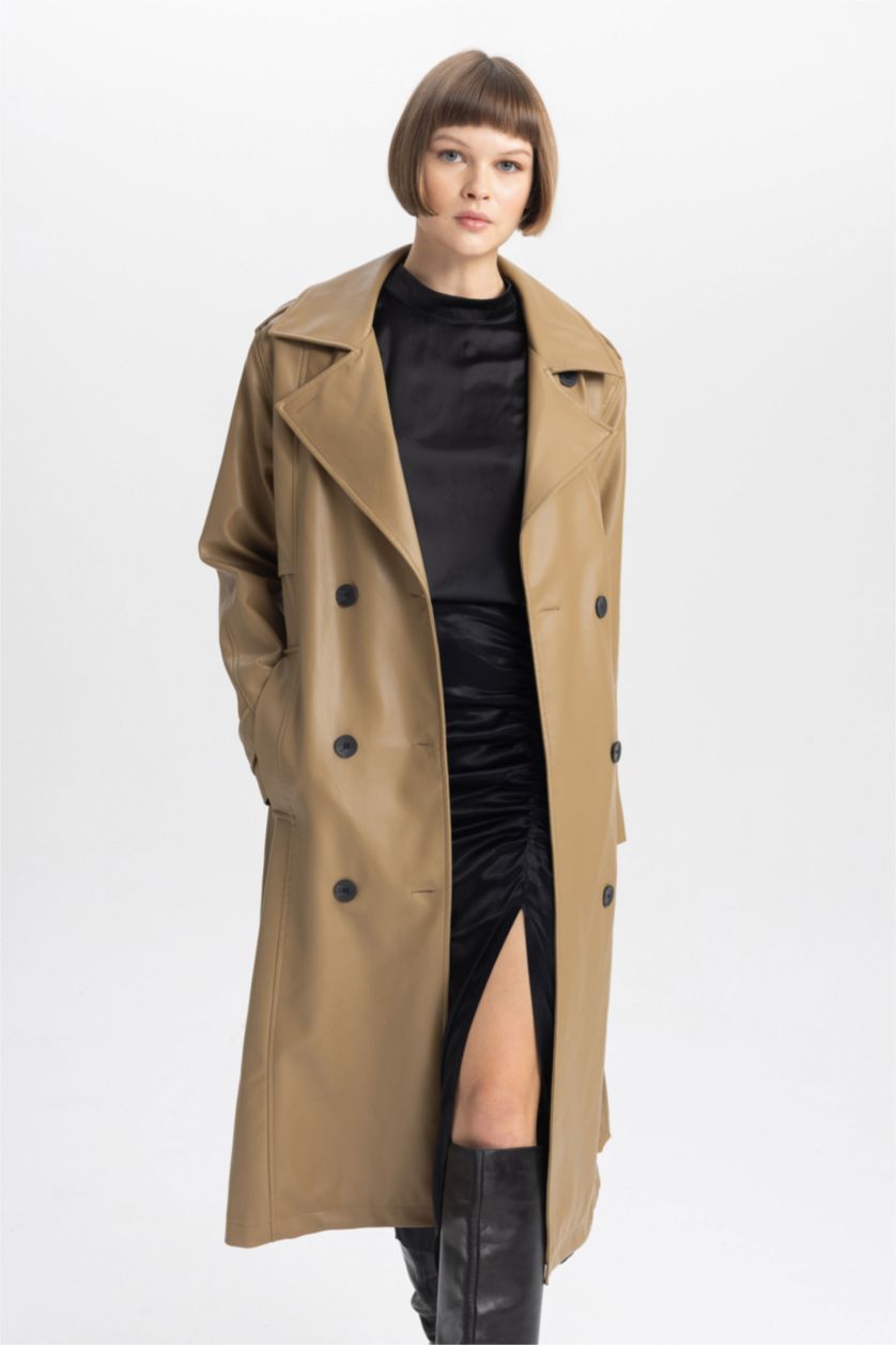 Kadın Camel Su İtici Suni Deri Trençkot Kruvaze Yaka Düğmeli Kemerli Cepli