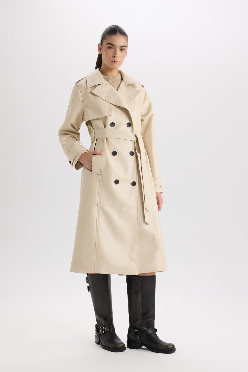 Kadın Kum Su İtici Suni Deri Trençkot Kruvaze Yaka Düğmeli Kemerli Cepli