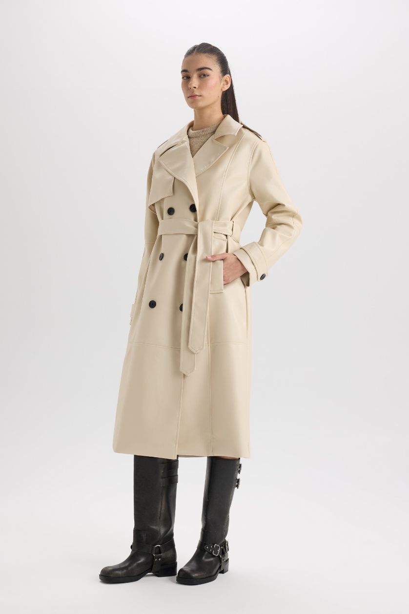 Kadın Kum Su İtici Suni Deri Trençkot Kruvaze Yaka Düğmeli Kemerli Cepli