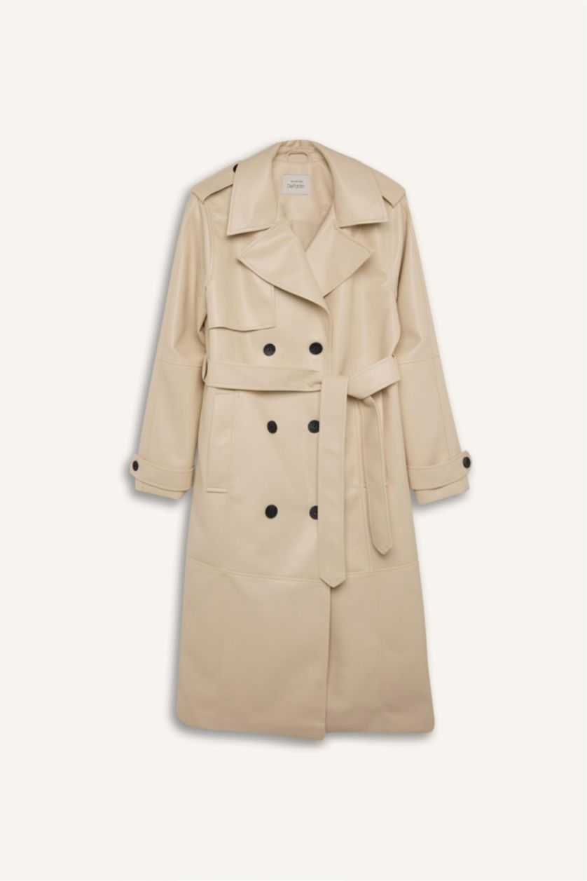 Kadın Kum Su İtici Suni Deri Trençkot Kruvaze Yaka Düğmeli Kemerli Cepli