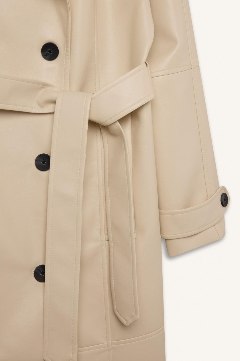 Kadın Kum Su İtici Suni Deri Trençkot Kruvaze Yaka Düğmeli Kemerli Cepli