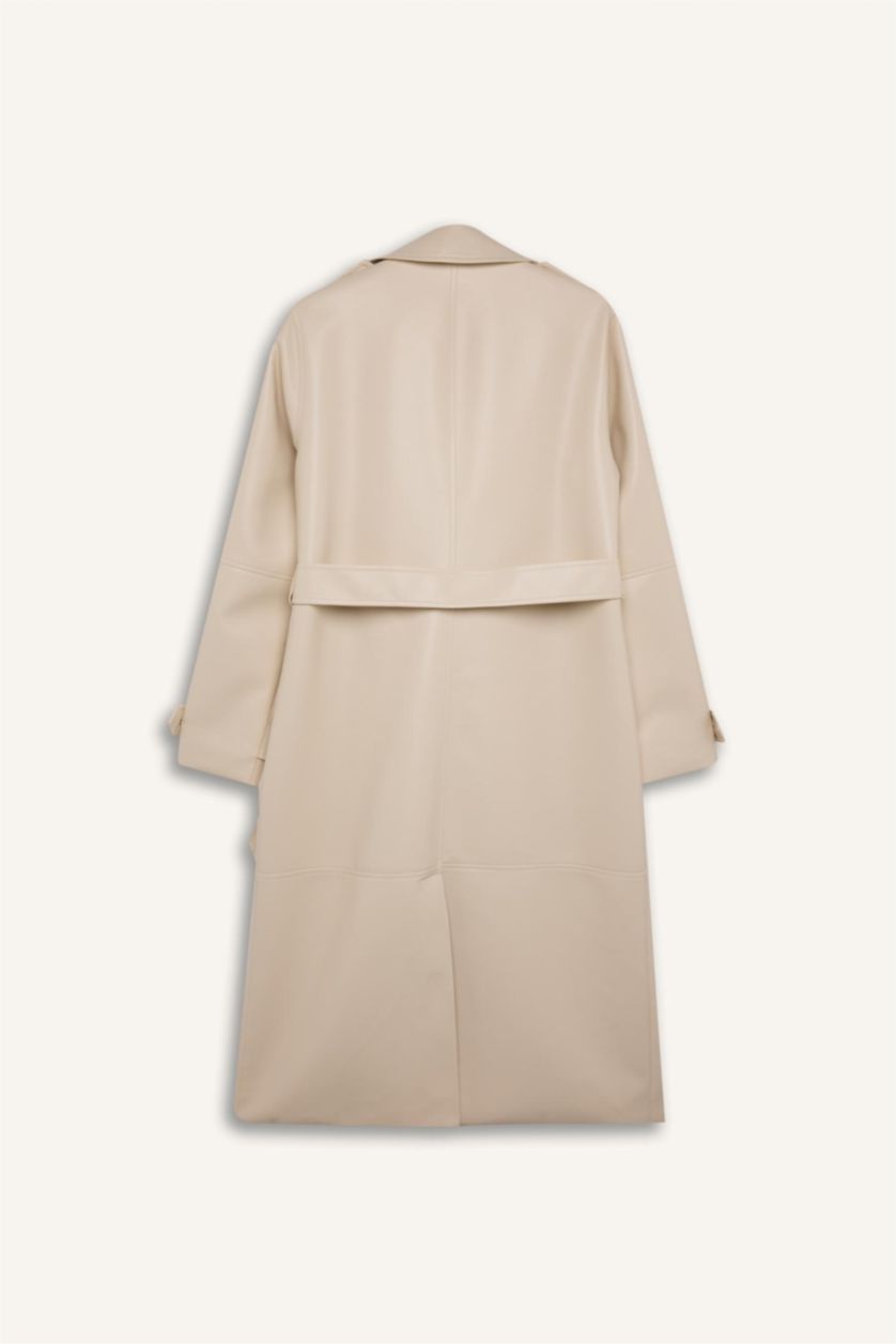 Kadın Kum Su İtici Suni Deri Trençkot Kruvaze Yaka Düğmeli Kemerli Cepli