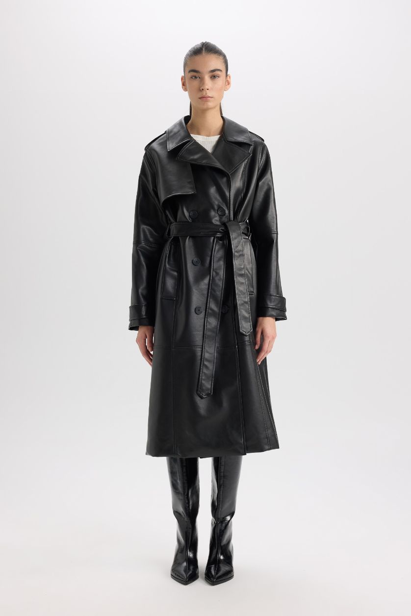 Kadın Siyah Su Geçirmez Suni Deri Trençkot  Kruvaze Yaka Düğmeli Kemerli Cepli