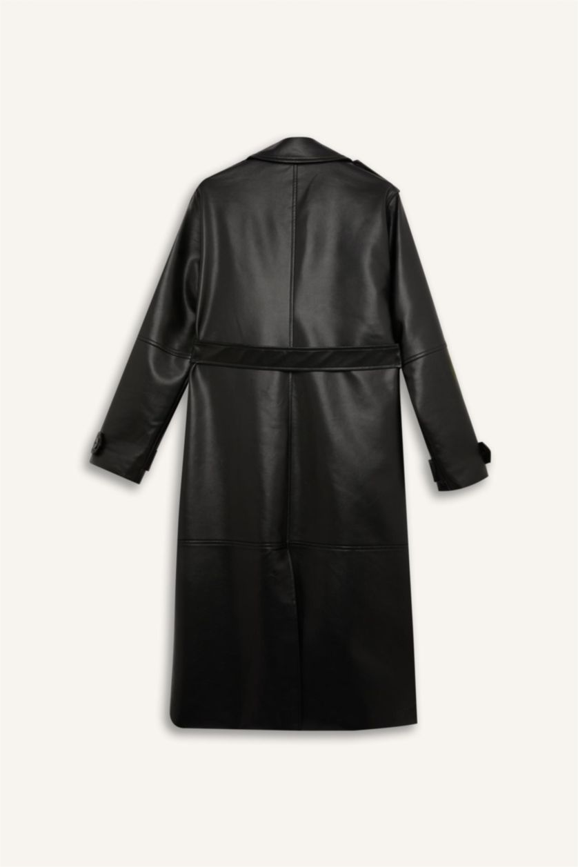 Kadın Siyah Su Geçirmez Suni Deri Trençkot  Kruvaze Yaka Düğmeli Kemerli Cepli