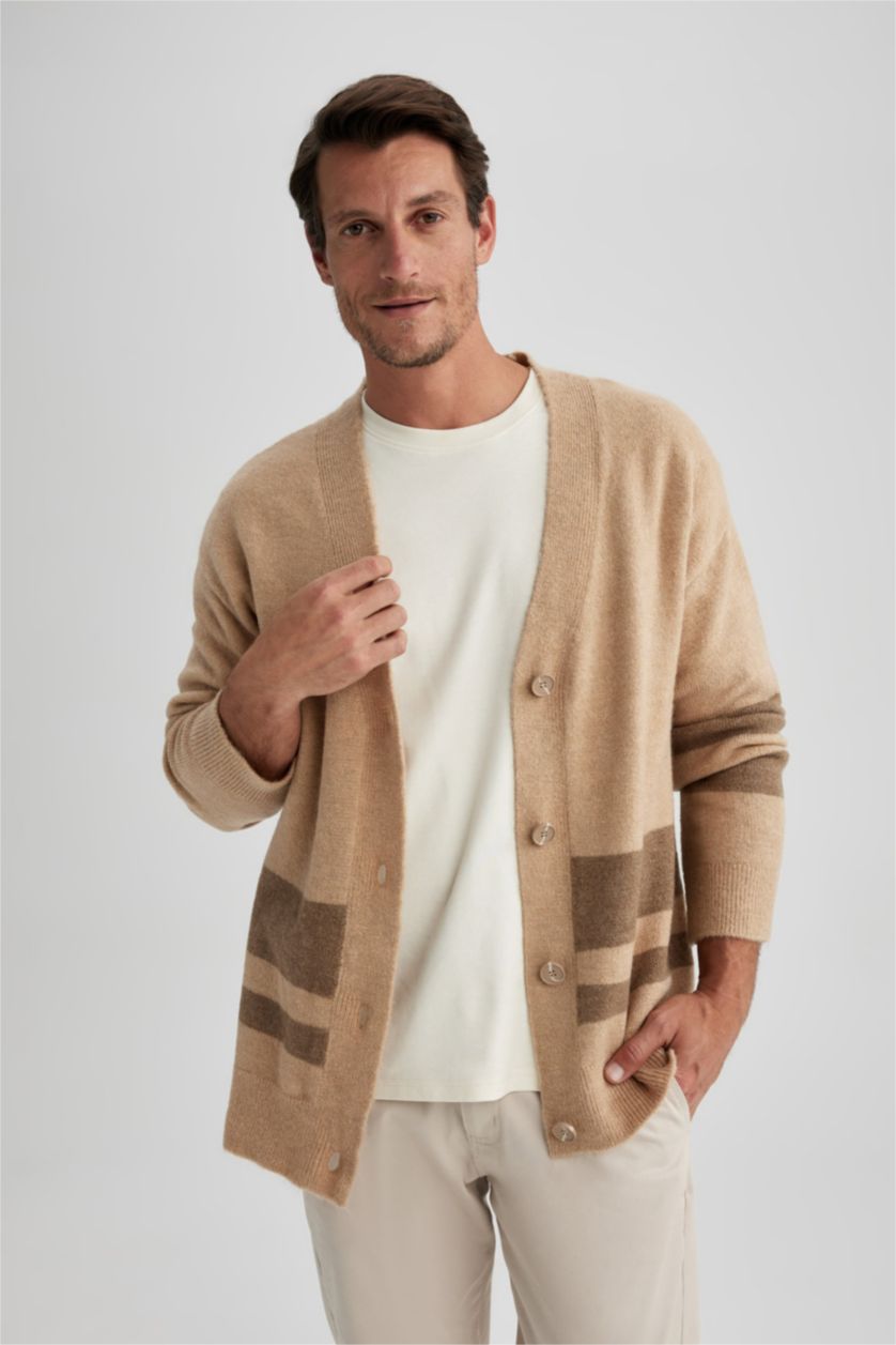 Erkek Kum Relax Fıt V Yaka Triko Hırka