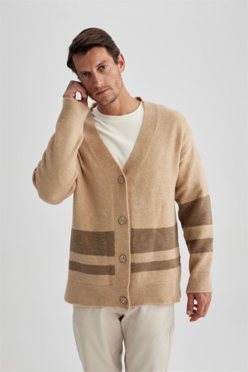 Erkek Kum Relax Fıt V Yaka Triko Hırka