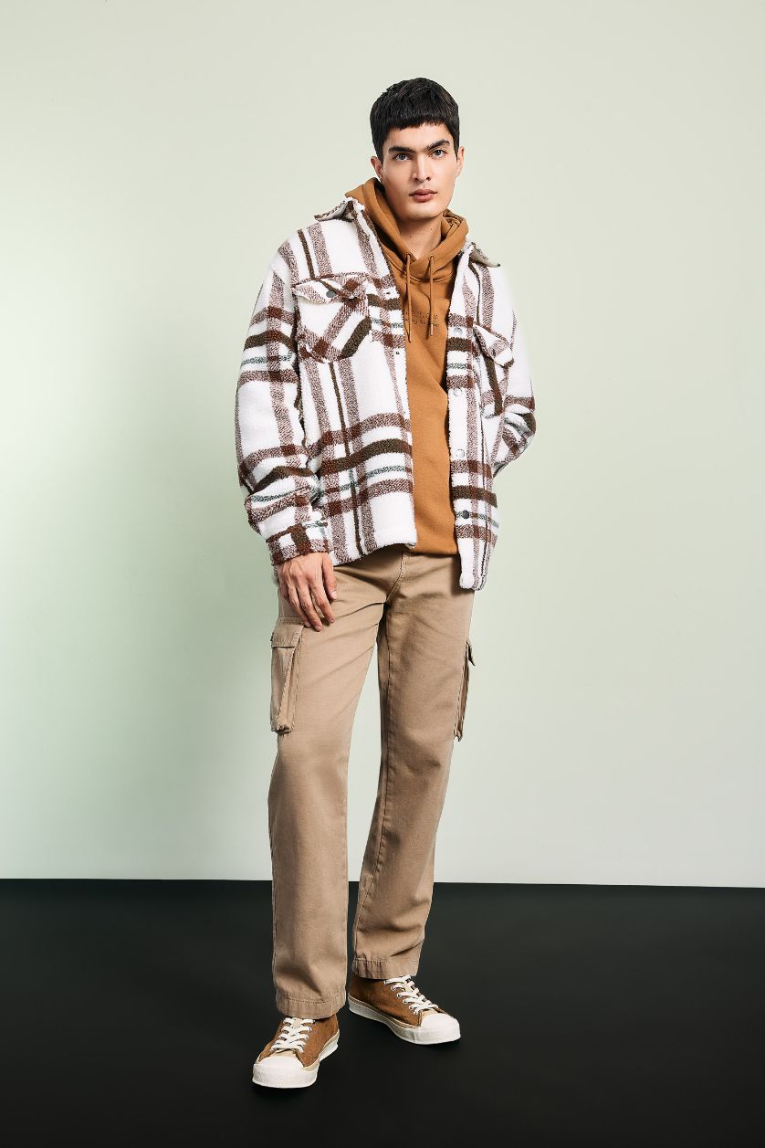 رجال بيج فاتح جاكيت قميص كاروهات قصة مريحة بياخة بولو بجيب