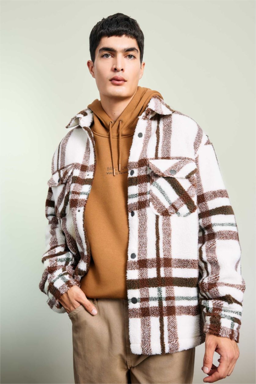 رجال بيج فاتح جاكيت قميص كاروهات قصة مريحة بياخة بولو بجيب