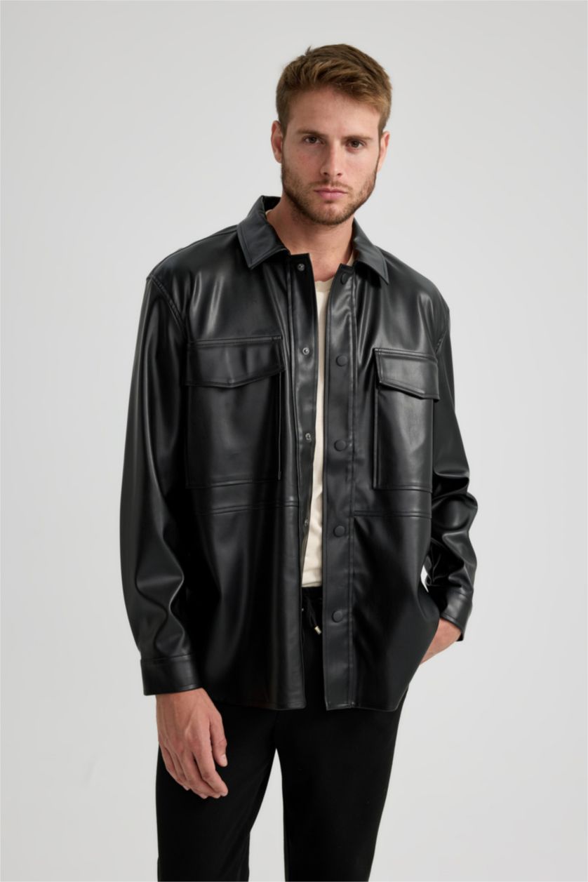 Ерлер қара релакс пішімі поло жаға Сыртқа киетін жейде