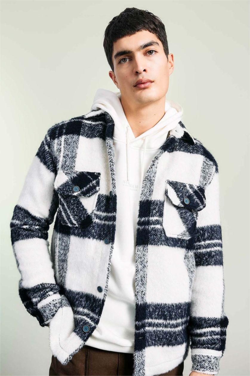 رجالي كحلي جاكيت قميصي كم طويل قصة عادية