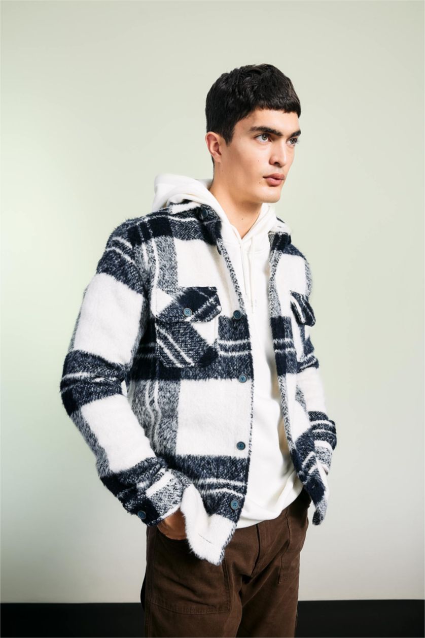 رجالي كحلي جاكيت قميصي كم طويل قصة عادية