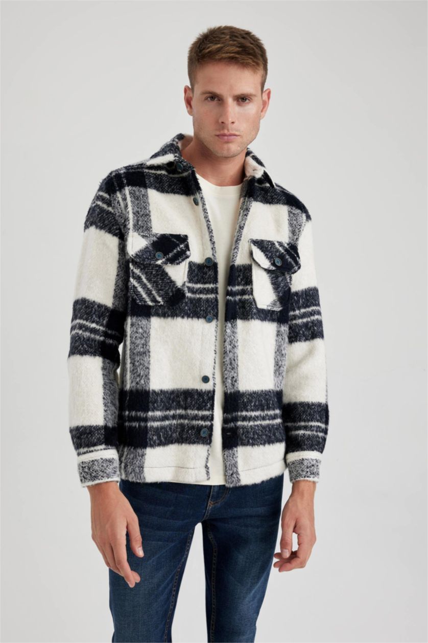 رجالي كحلي جاكيت قميصي كم طويل قصة عادية