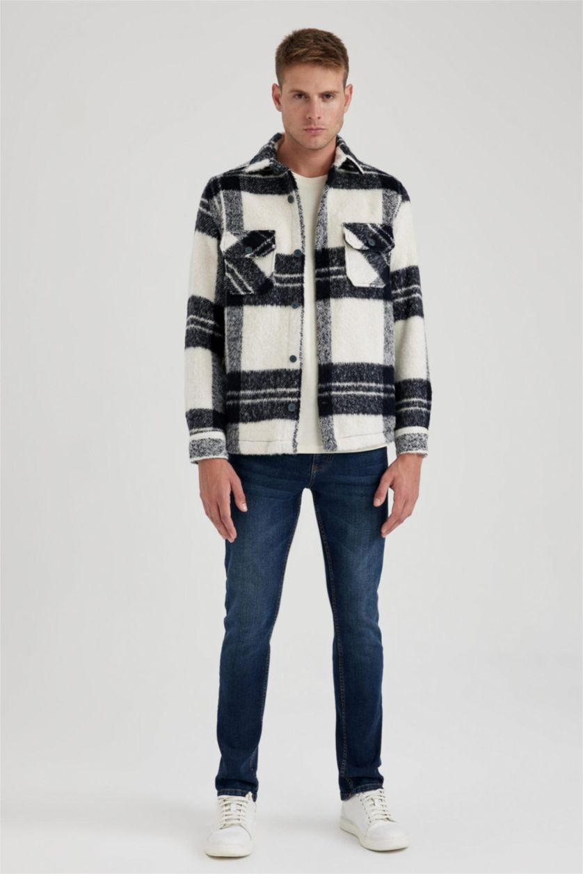 رجالي كحلي جاكيت قميصي كم طويل قصة عادية