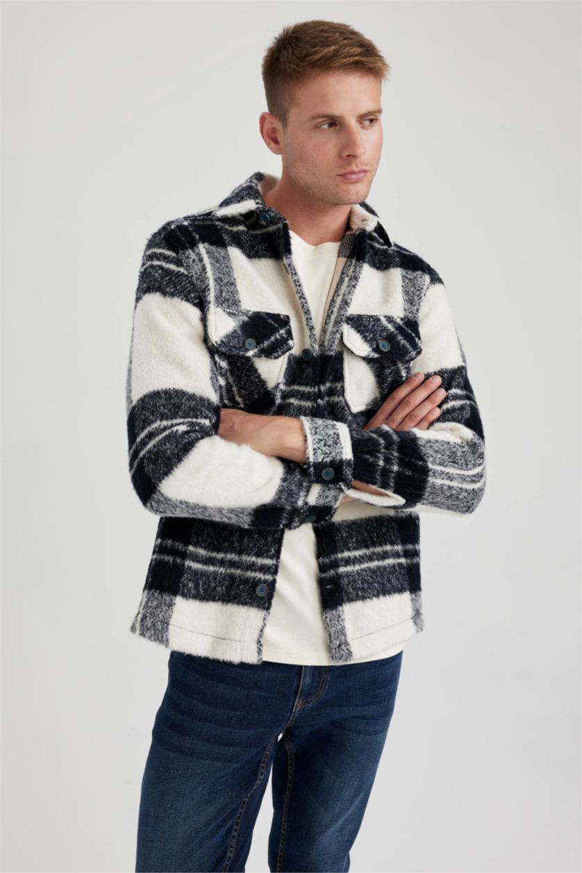 رجالي كحلي جاكيت قميصي كم طويل قصة عادية