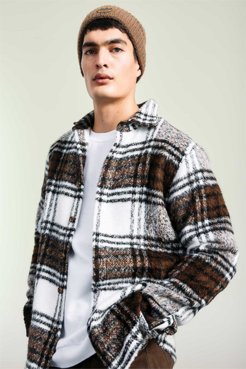 Erkek Kahve Regular Fit Polo Yaka Ekose Desenli Gömlek Ceket