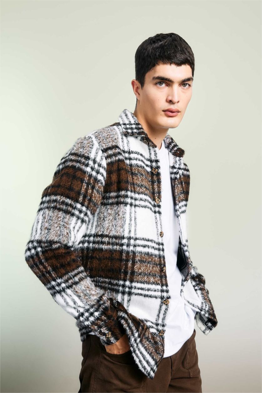 Erkek Kahve Regular Fit Polo Yaka Ekose Desenli Gömlek Ceket