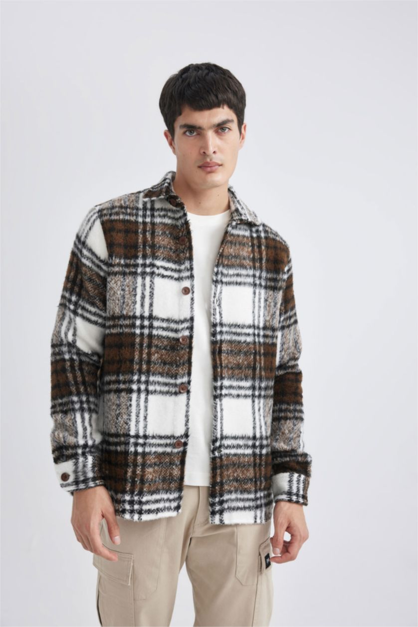 Erkek Kahve Regular Fit Polo Yaka Ekose Desenli Gömlek Ceket