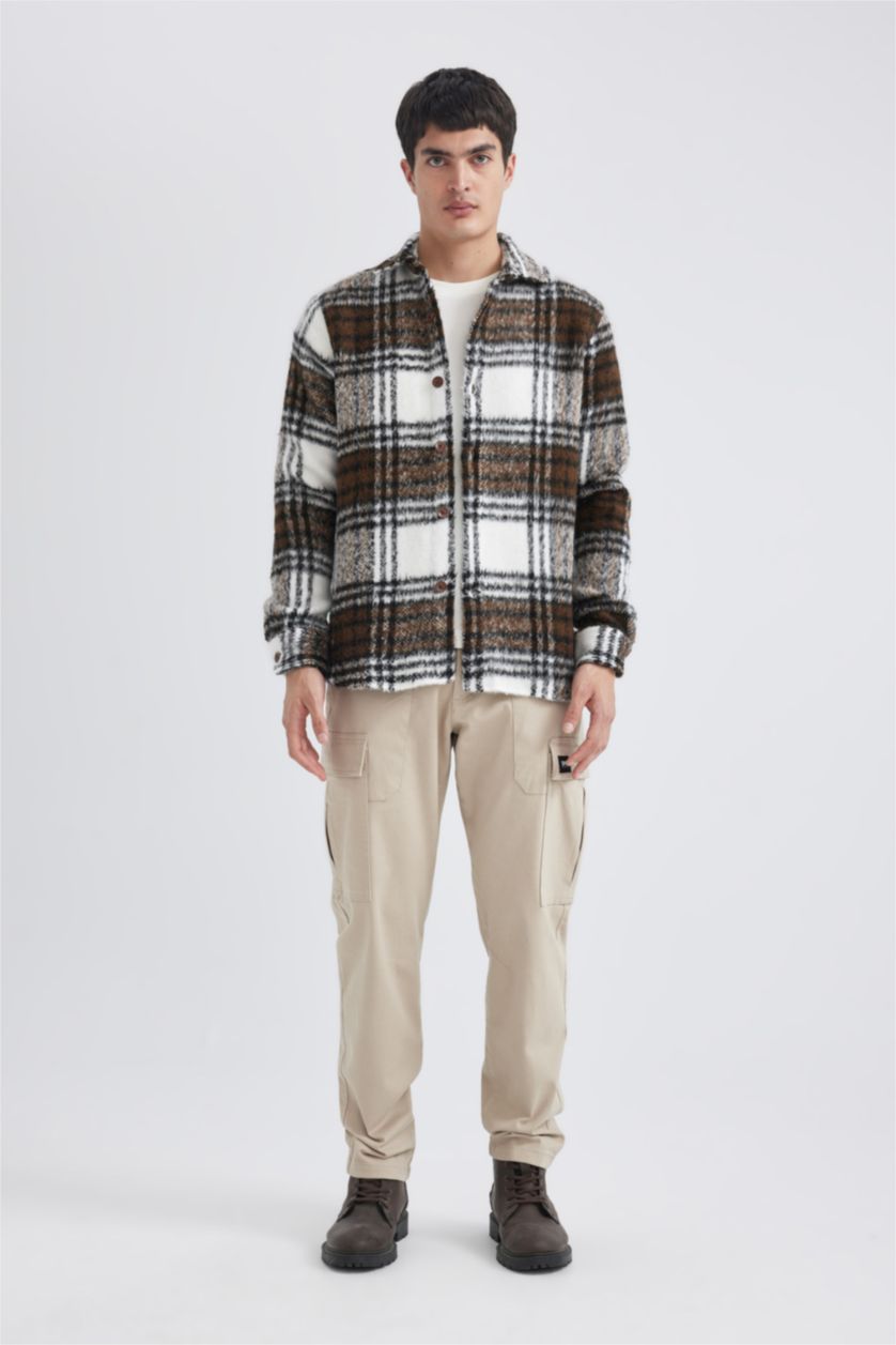 Erkek Kahve Regular Fit Polo Yaka Ekose Desenli Gömlek Ceket