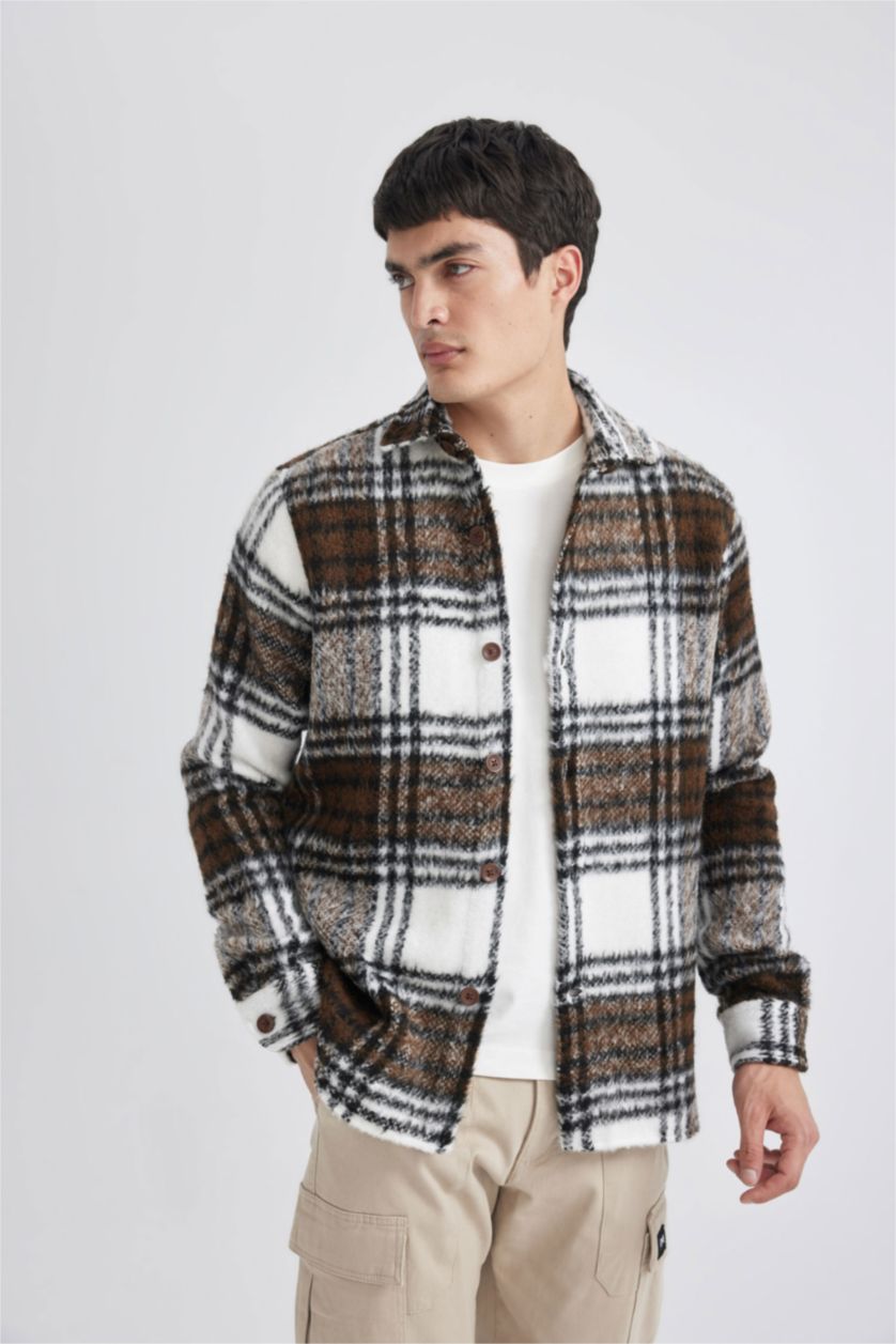 Erkek Kahve Regular Fit Polo Yaka Ekose Desenli Gömlek Ceket