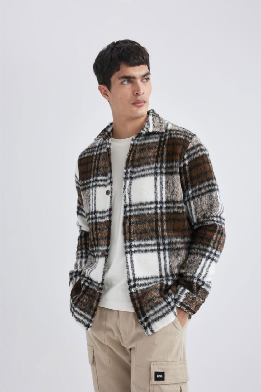 Erkek Kahve Regular Fit Polo Yaka Ekose Desenli Gömlek Ceket