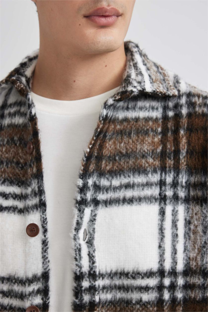 Erkek Kahve Regular Fit Polo Yaka Ekose Desenli Gömlek Ceket