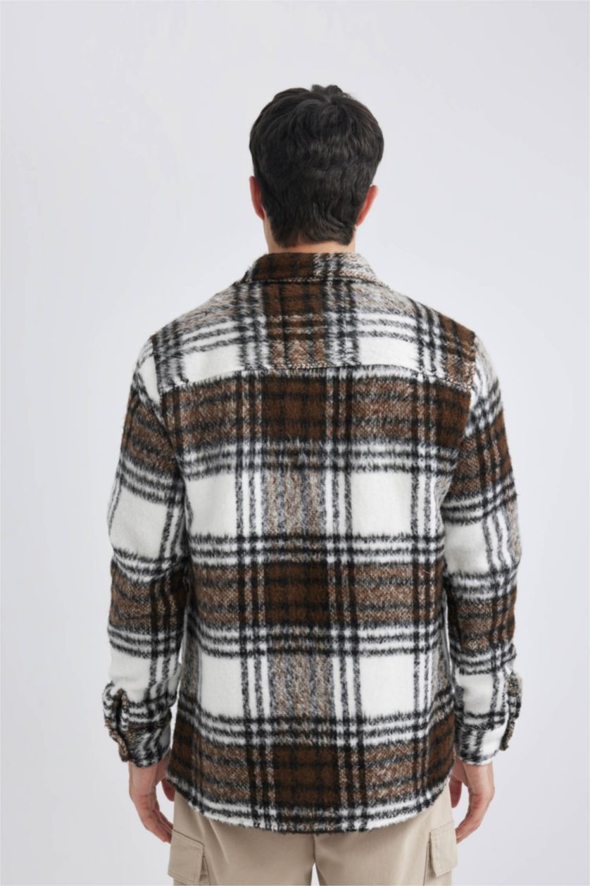 Erkek Kahve Regular Fit Polo Yaka Ekose Desenli Gömlek Ceket