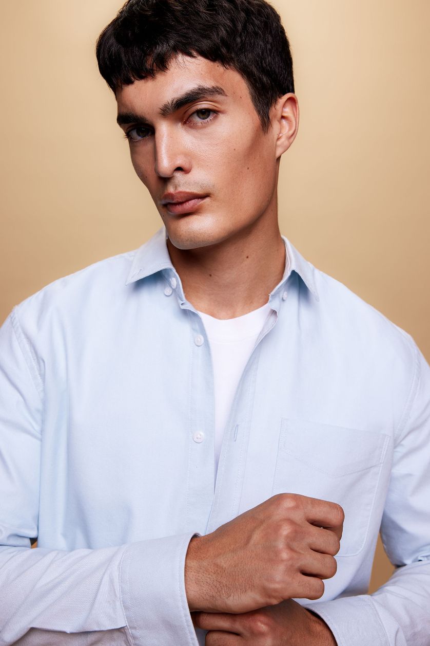 Erkek Açık Mavi Regular Fit Polo Yaka Oxford Basic Düz Uzun Kollu Gömlek