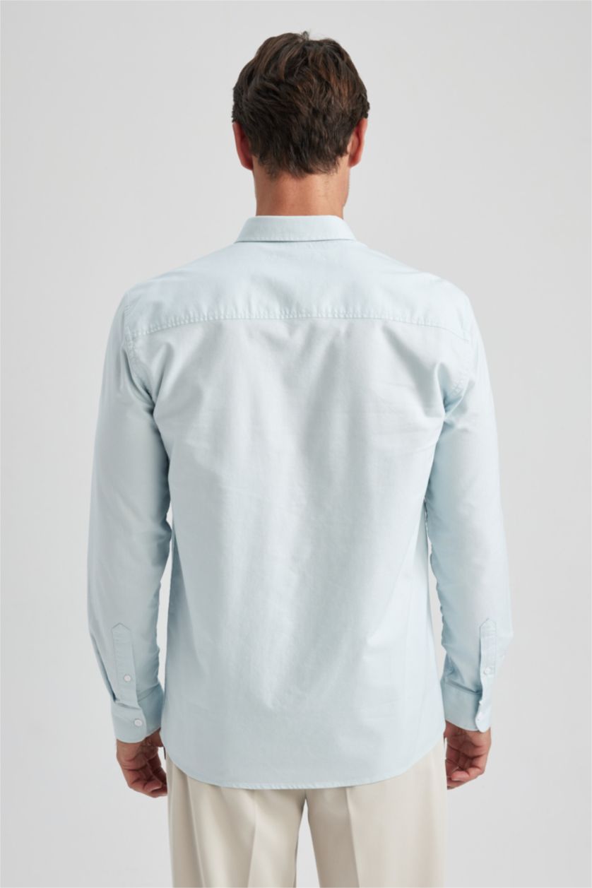 Erkek Açık Mavi Regular Fit Polo Yaka Oxford Basic Düz Uzun Kollu Gömlek