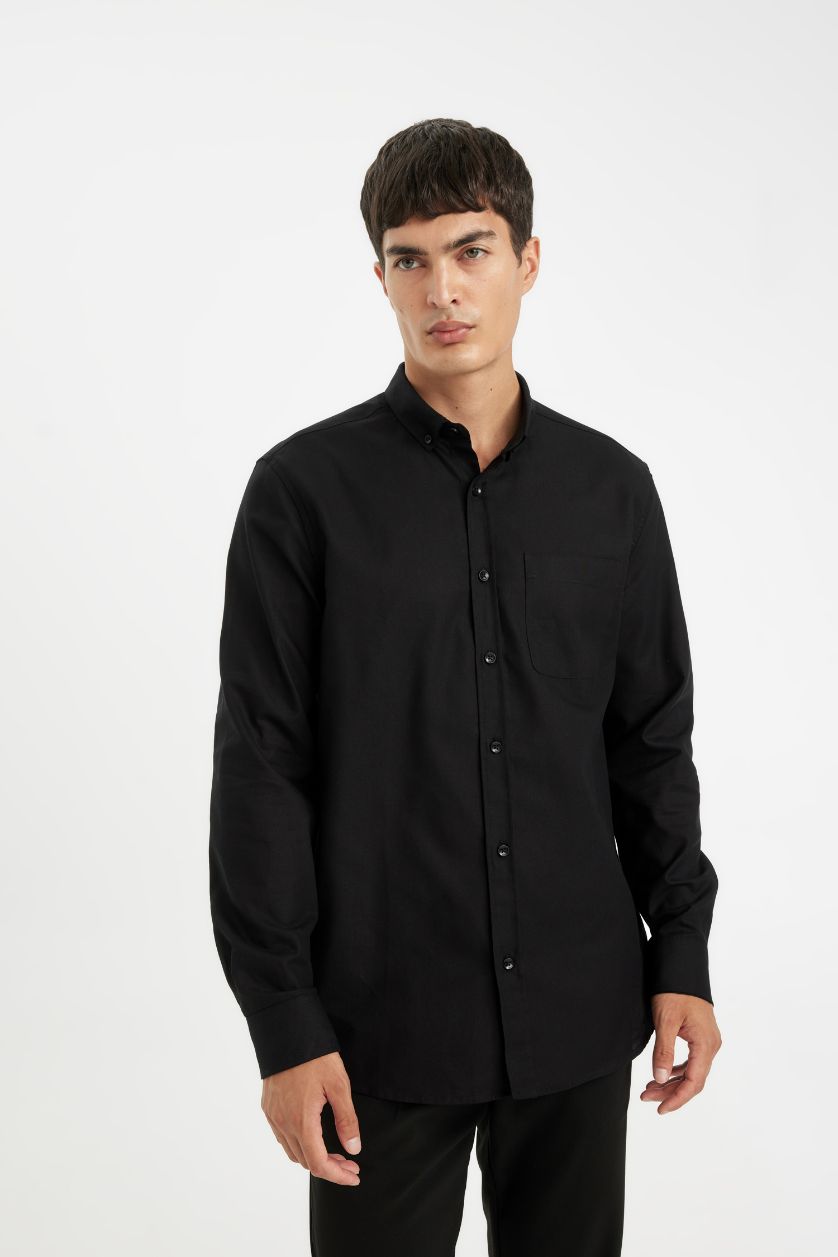 Erkek Siyah %100 Pamuk Regular Fit Polo Yaka Oxford Basic Düz Uzun Kollu Siyah Gömlek
