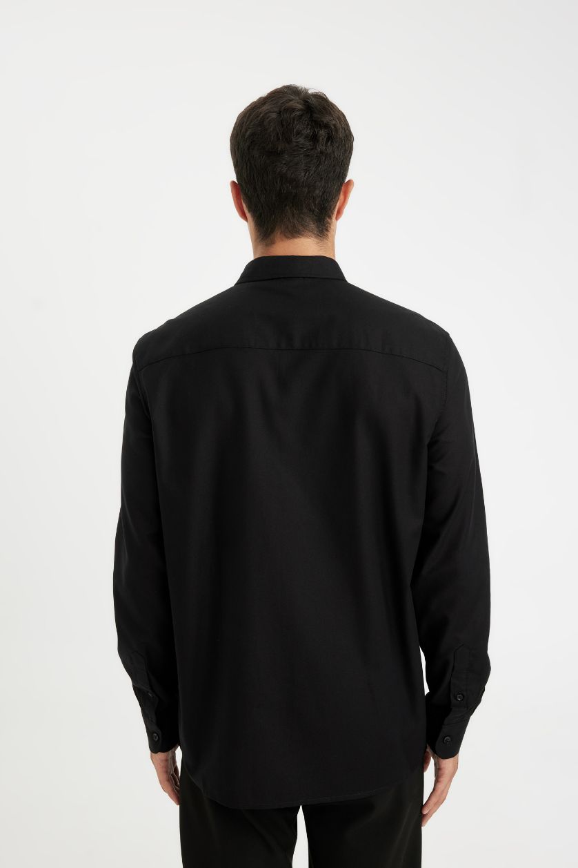 Erkek Siyah %100 Pamuk Regular Fit Polo Yaka Oxford Basic Düz Uzun Kollu Siyah Gömlek