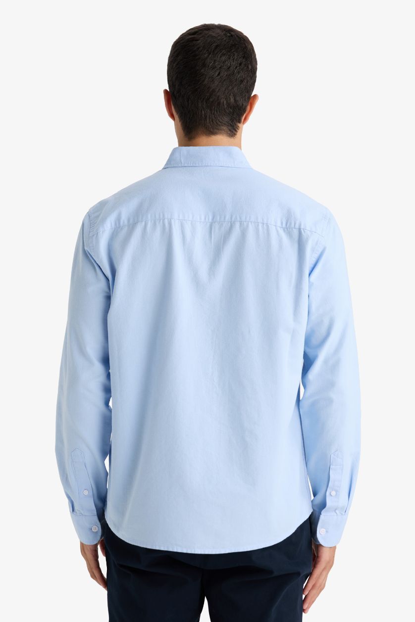 رجالي أزرق فاتح قميص قطن بولو بيزك سادة كم طويل أوكسفورد قصة عادية