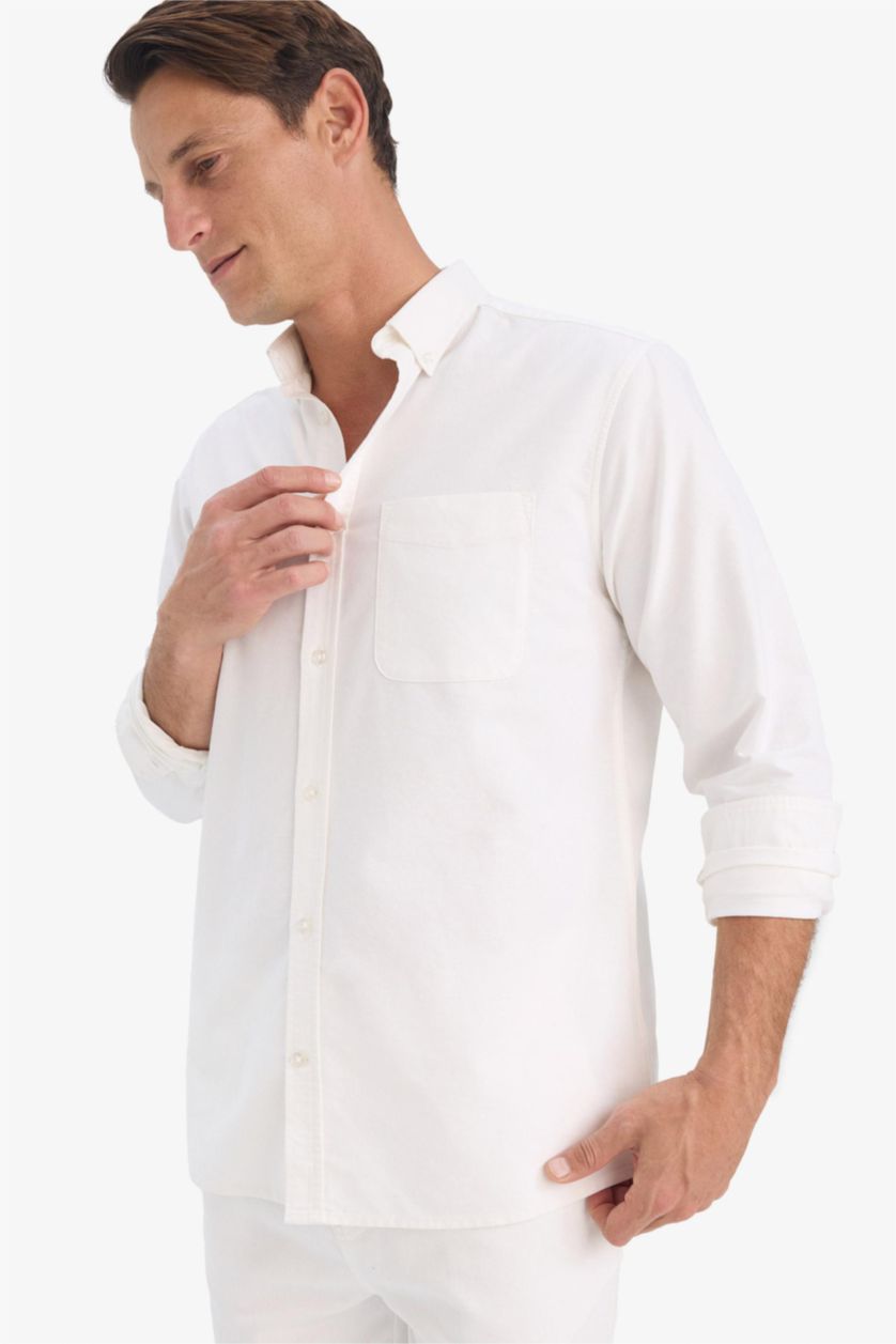 MAN White Cotton Regular Fit Polo Neck Oxford Basic Shirt