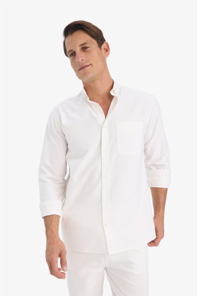 MAN White Cotton Regular Fit Polo Neck Oxford Basic Shirt