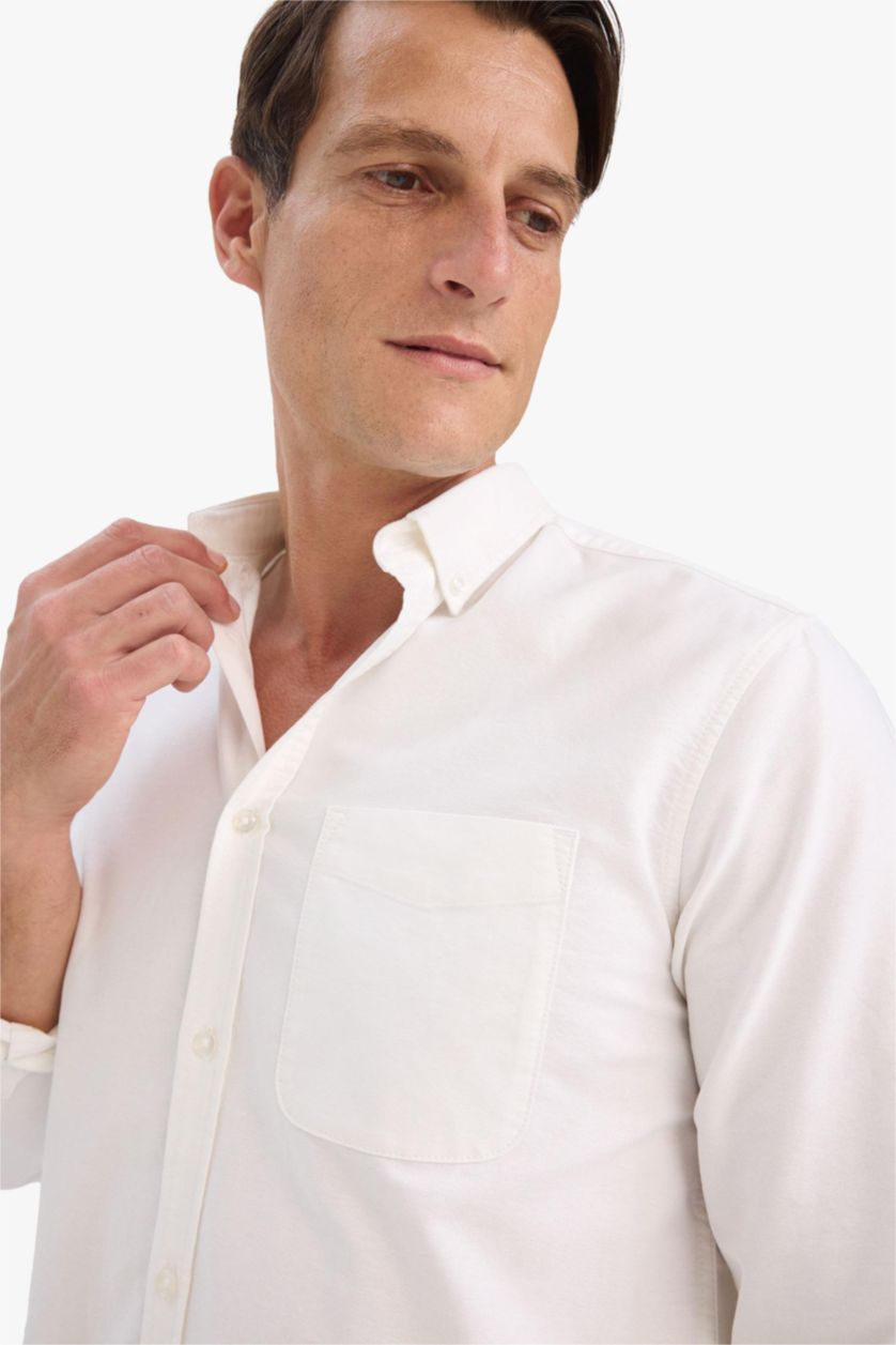 MAN White Cotton Regular Fit Polo Neck Oxford Basic Shirt