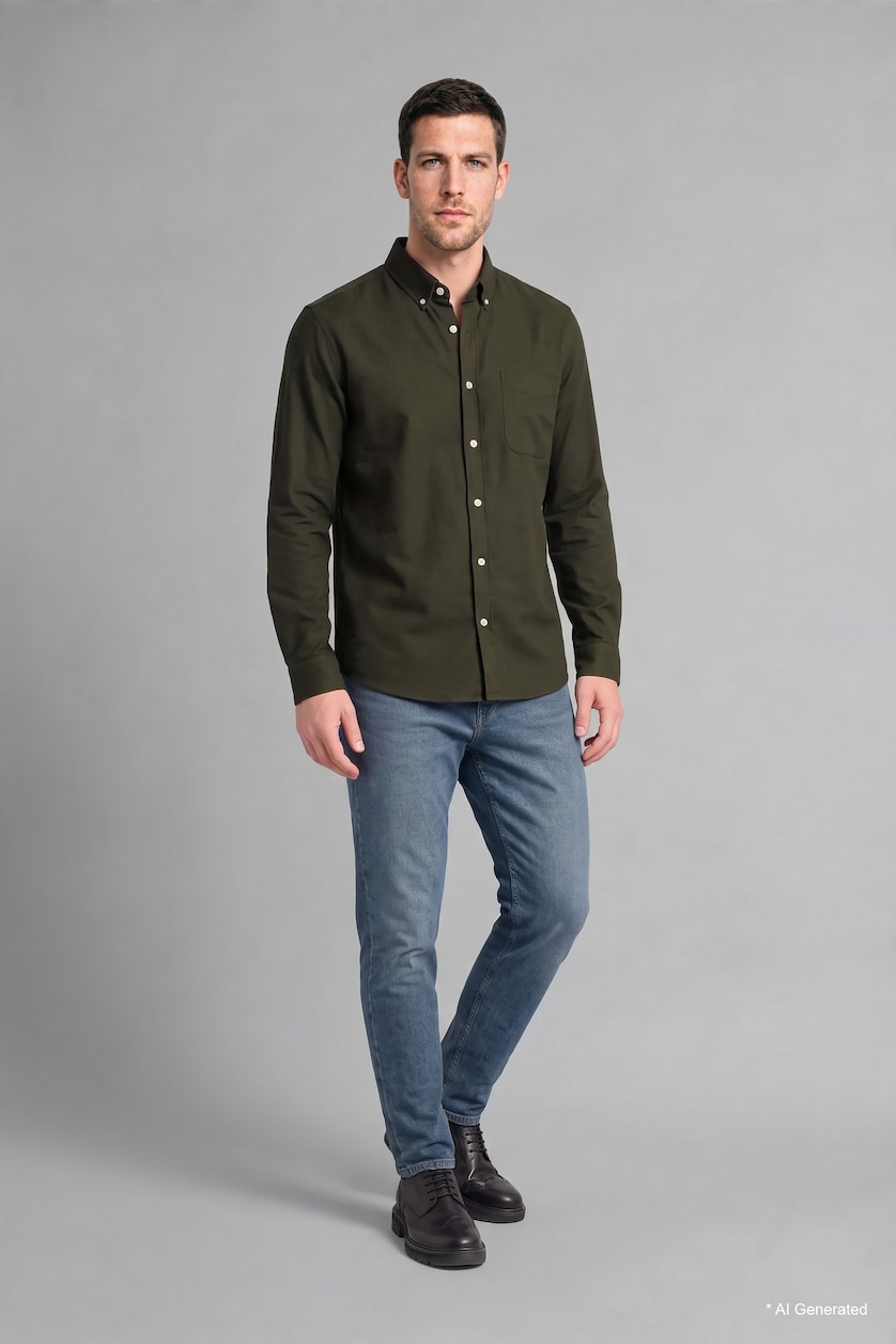 Man Khaki Regular Fit Oxford Long Sleeve Shirt