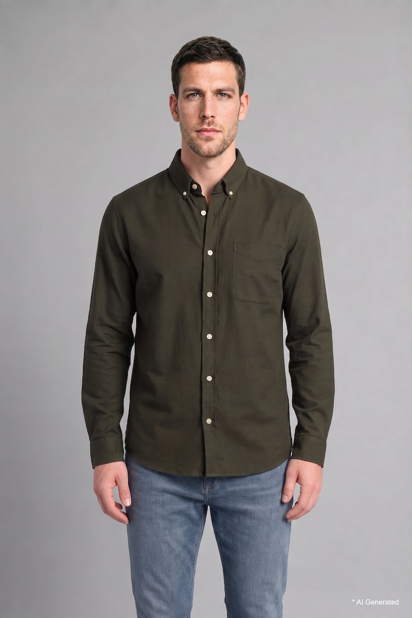 Man Khaki Regular Fit Oxford Long Sleeve Shirt
