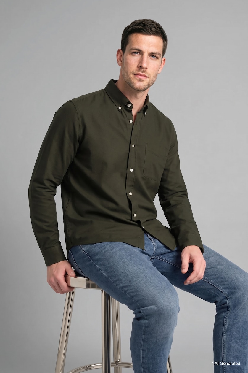 Man Khaki Regular Fit Oxford Long Sleeve Shirt