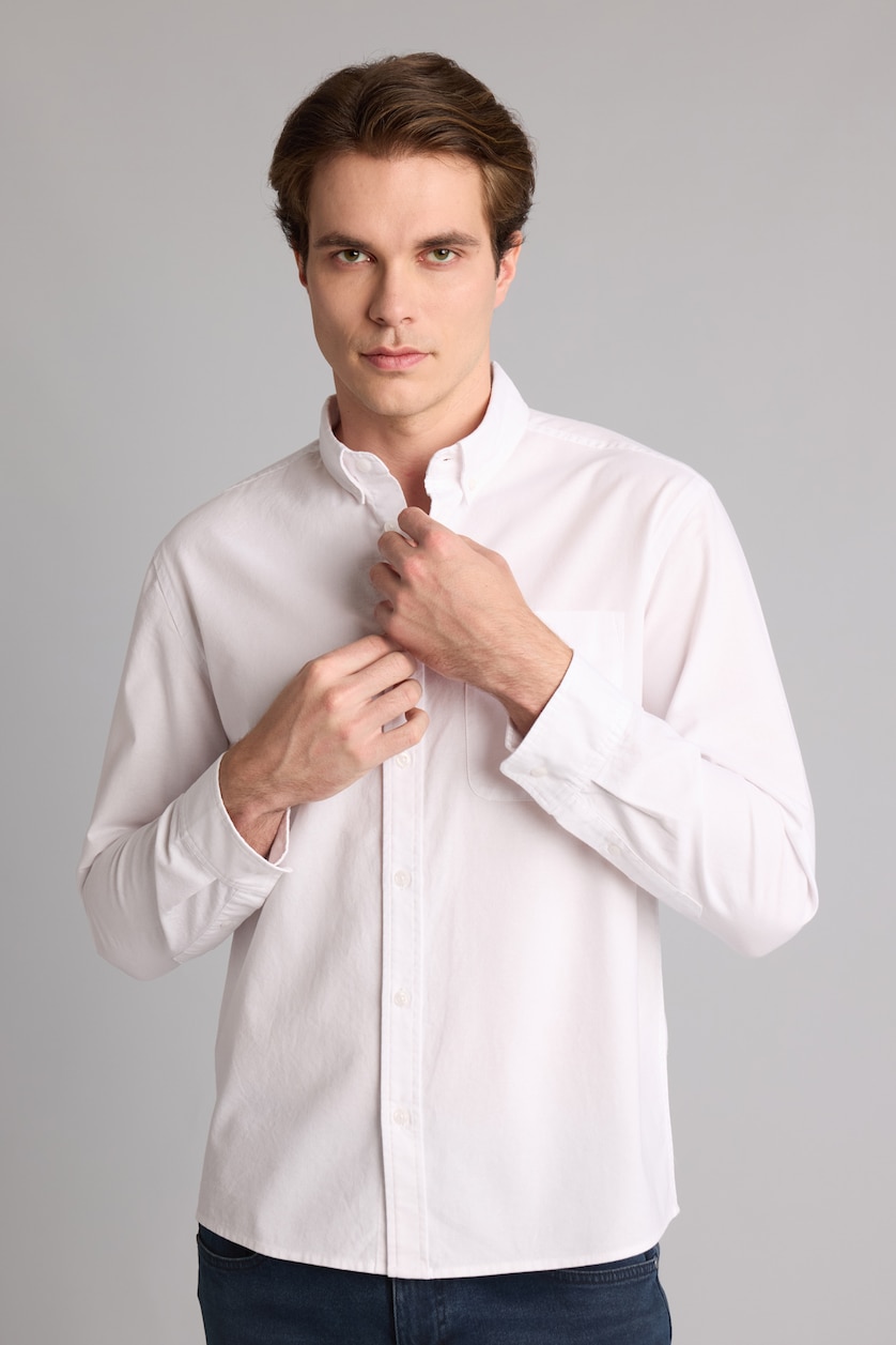 MAN White Regular Fit Basic 100% Cotton Long Sleeve Shirt