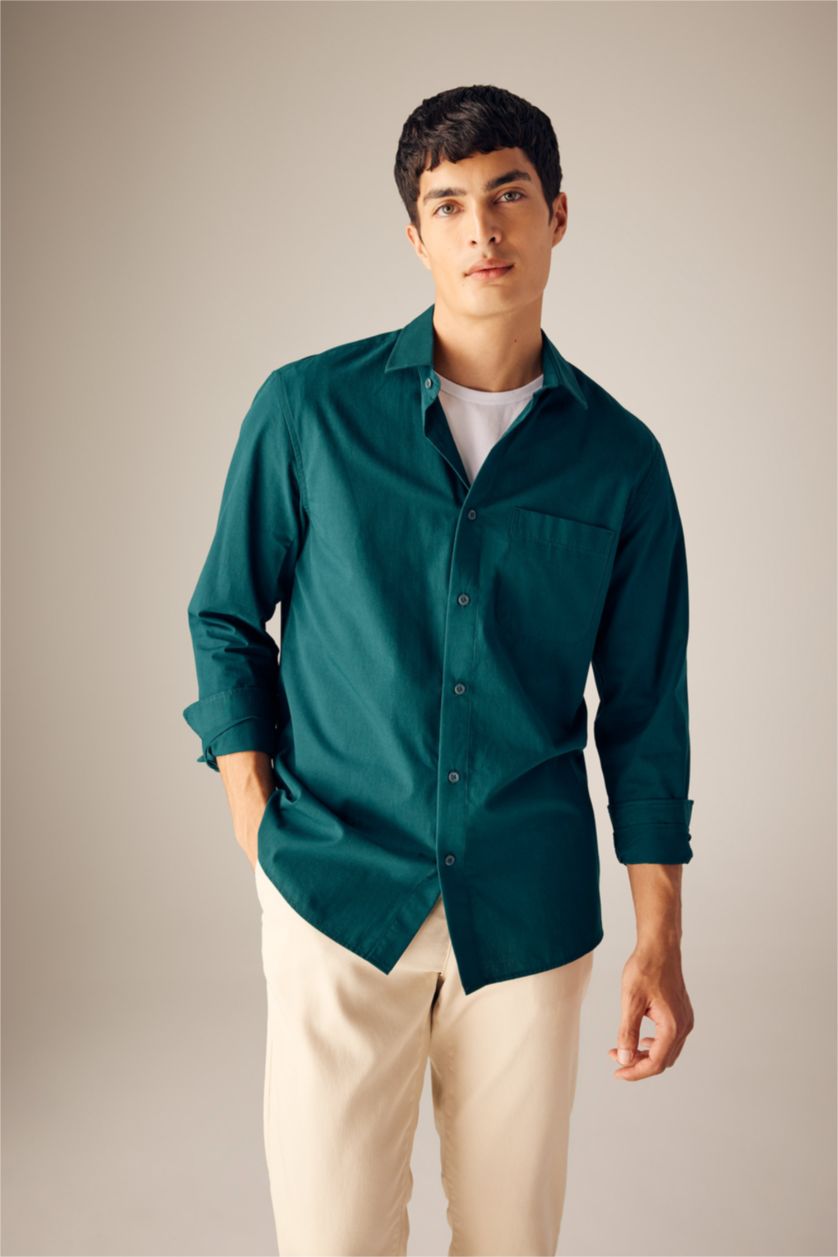 Erkek Koyu Yeşil Regular Fit Poplin Uzun Kollu Gömlek