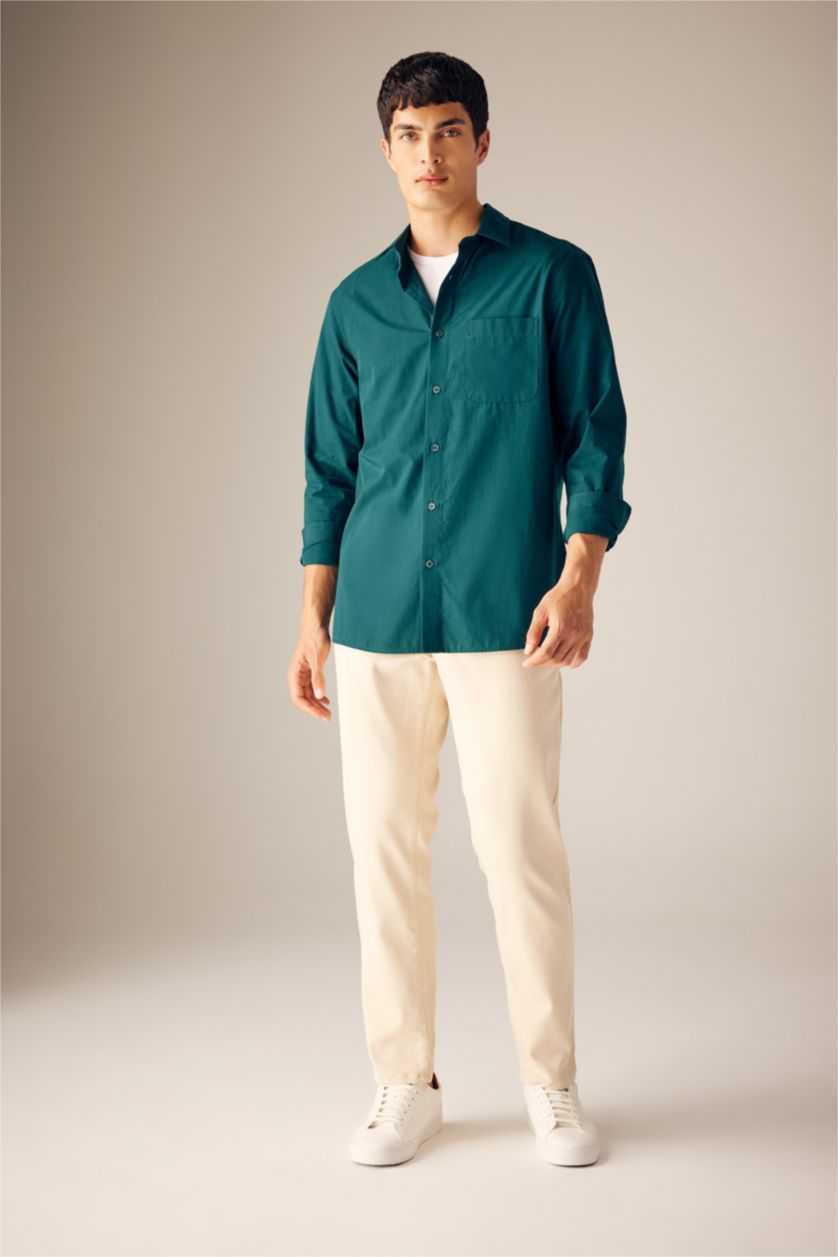 Erkek Koyu Yeşil Regular Fit Poplin Uzun Kollu Gömlek